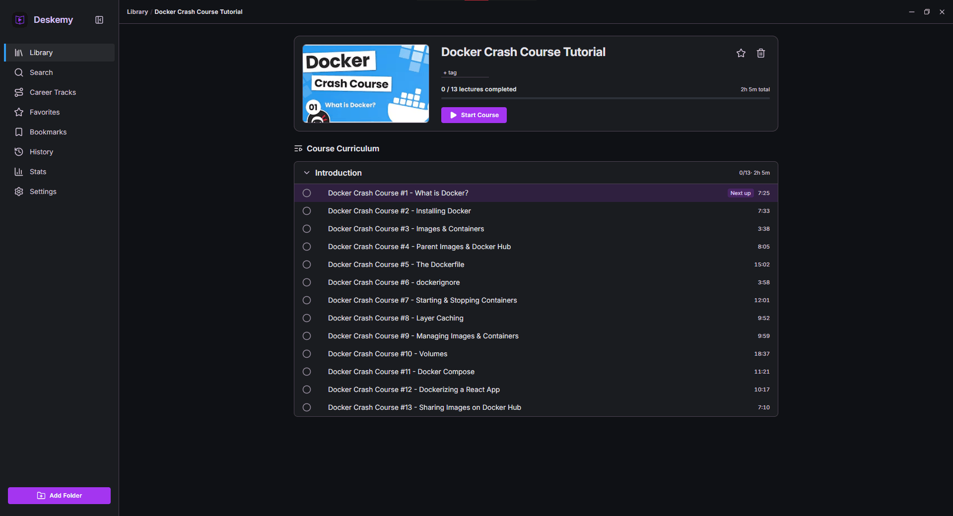 Deskemy course view with sections and ordered lectures