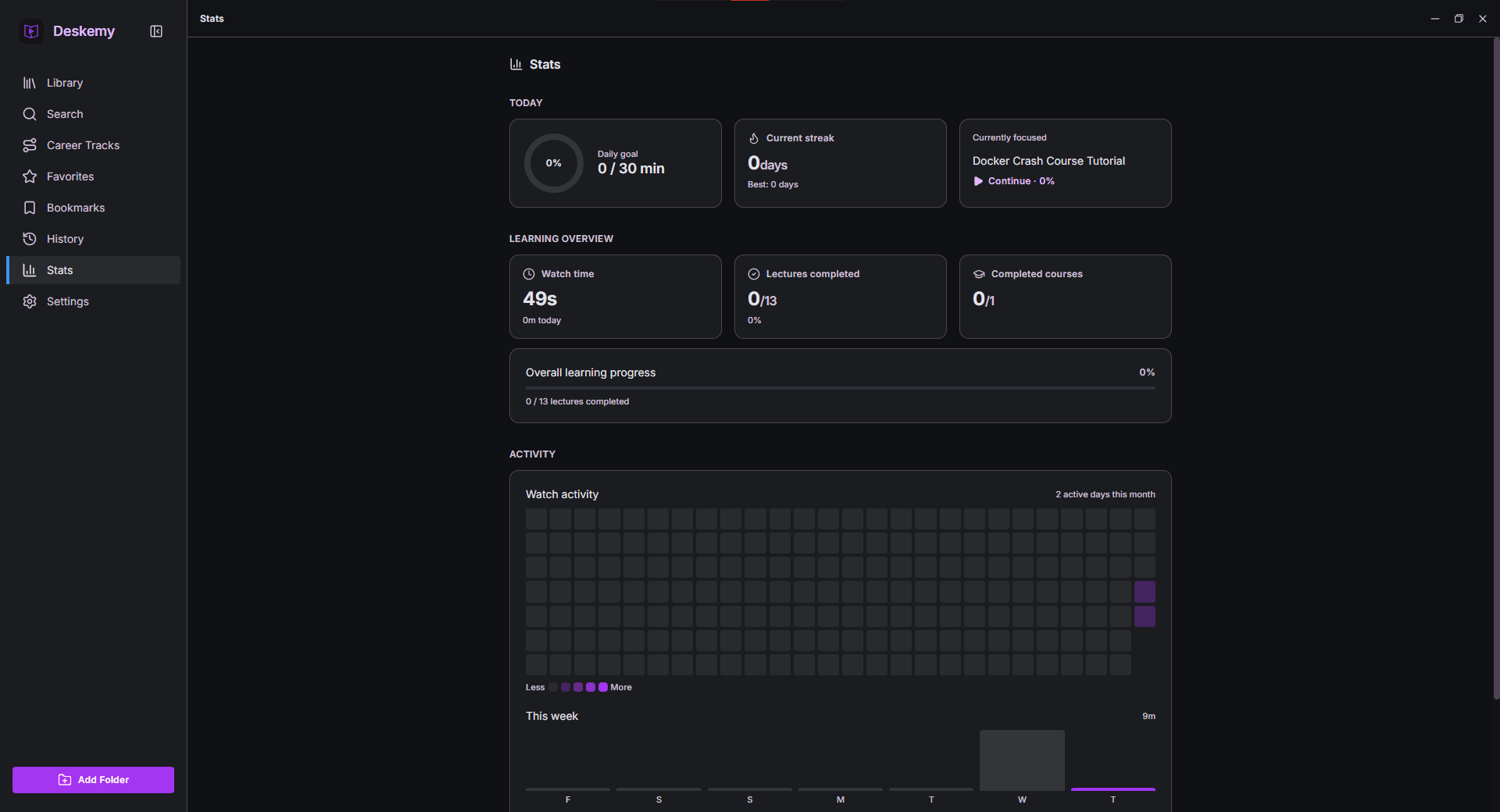 Deskemy stats dashboard with watch-time streaks and an activity heatmap